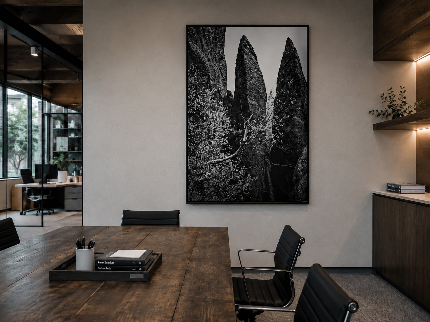 Vertical black and white jagged peaks artwork in an architecture office by Dan Sproul